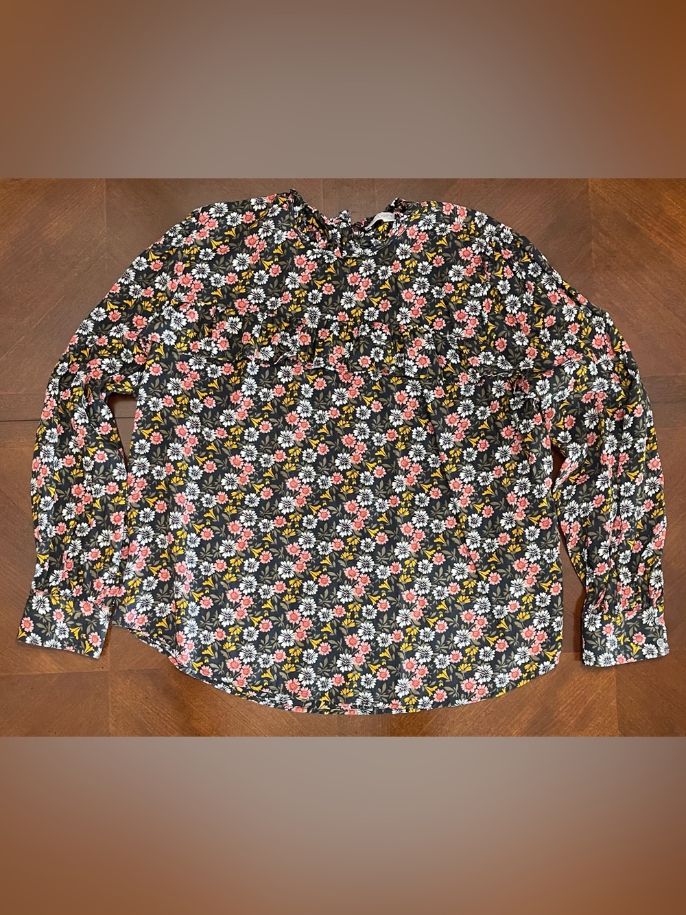 LOFT sz XL Floral Long Sleeve Blouse - Pink & White Floral with Black Background